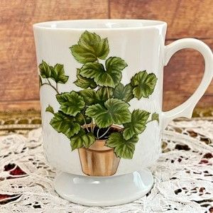 Vintage Pedestal Mug Grape Leaf? Potted Plant Japan